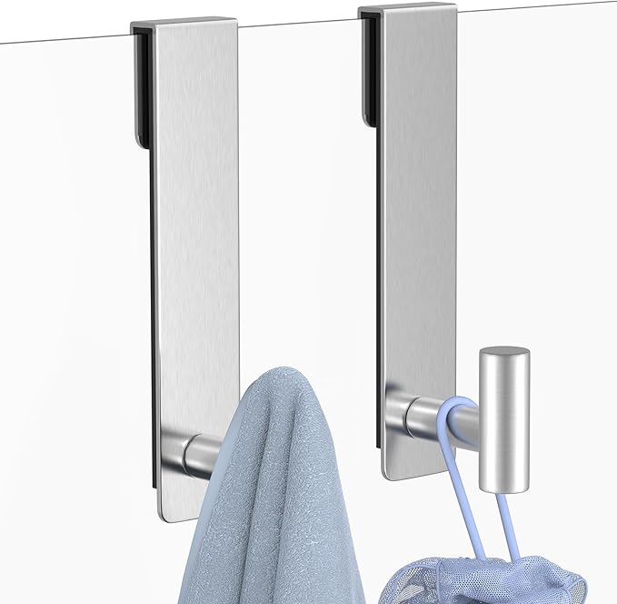 HUFEEOH Shower Towel Hooks, 7.5-Inch Extended Over Glass Shower Door Hanger for Towels & Robes, Rustproof Bathroom Towel Rack, 2-Pack (Silver, T Shape)