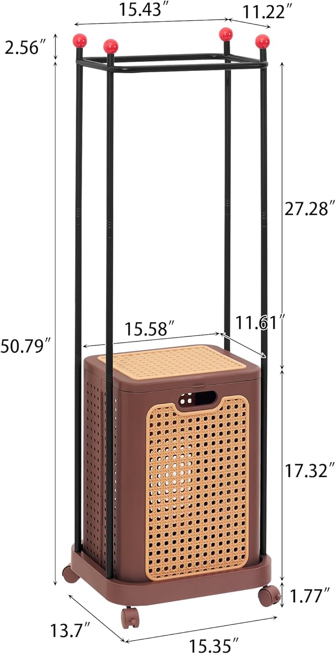 VECELO Laundry Hamper with Clothes Rack, Rolling Laundry Basket with Lid and Wheels, Tall Clothes Stand for Hanging Clothes, Multifunctional Laundry Organizer for Bedroom, Bathroom, Brown