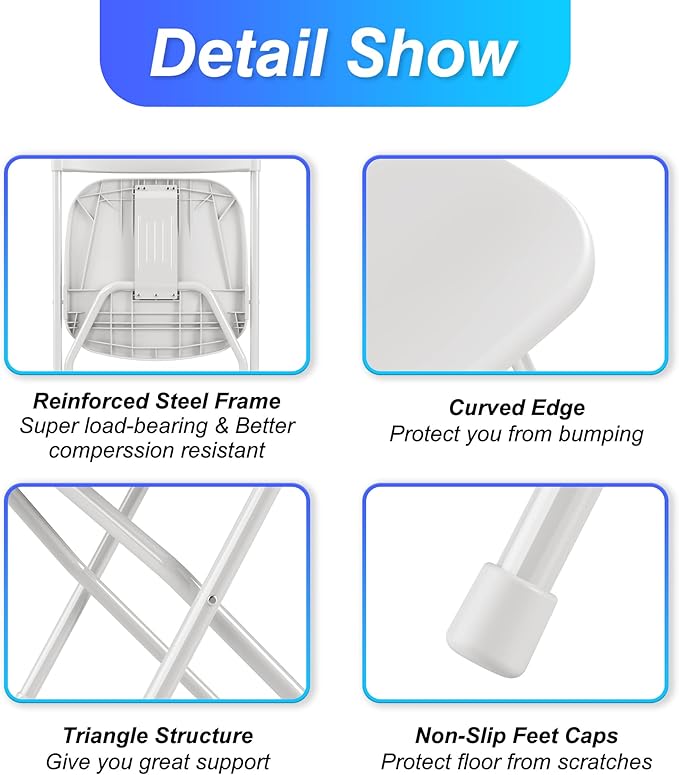 Allpop 6 Pack Plastic Folding Chair, 300lb Capacity, Portable Commercial Chair Seat with Steel Frame for Office Wedding Party Indoor Outdoor Events, Stackable, White