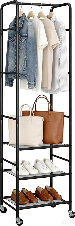 Easi 72" Tall Small Clothes Rack for Small Space, Narrow Rolling Garment Rack with 3-Tier Vinyl Shelves, Lightweight Stable Clothing Rack for Apartment, Bedroom, Laundry Room & Dorm, Black