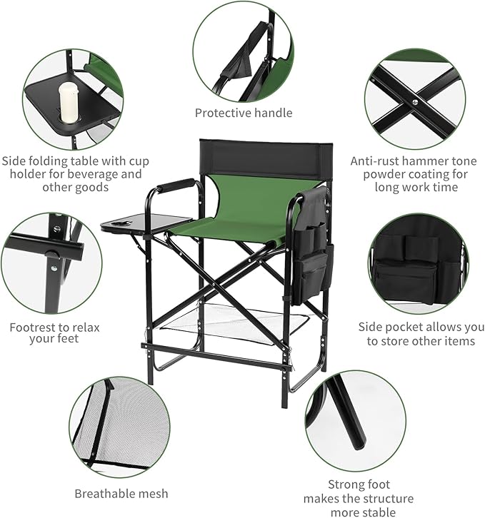Outvita 26" Tall Directors Chair Height Seat Folding with Side Table Storage Bag, Support for 300Lbs Portable Makeup Artist Chair with Bar Height(Dark Green/Black)