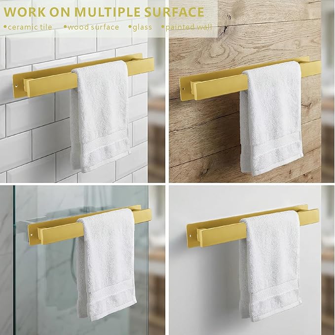 Bathroom Towel Bars,16-Inch Stainless Steel Towel Bar for Large Towel,Strong Self-Adhesive/Screws Wall Mounting,Rust-Proof,Towel Holder for Bathroom and Kitchen Storage (Gold)