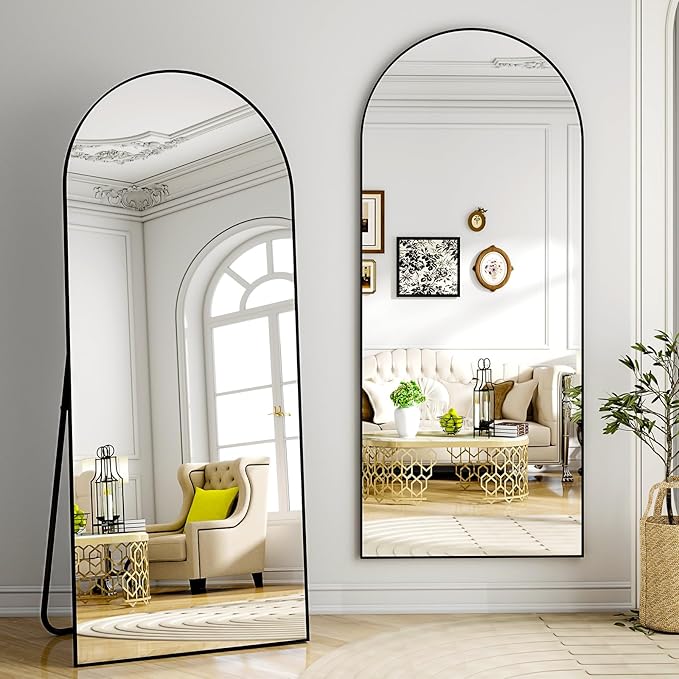 Arched Full Length Mirror 65"x24" - Floor Standing Body Mirror with Aluminum Frame,Leaning Hanging for Bedroom Cloakroom Living Room Black