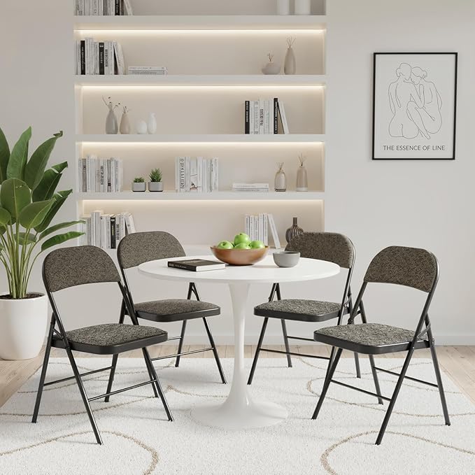 DUMOS 4 Pack Folding Chairs with Padded Cushion and Back - Fabric Stackable Portable Dining Chairs Set, for Home and Office, Conference, Wedding, Party, Patio, Garden, for Indoor Outdoor, Black Grey