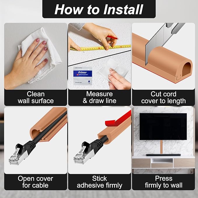 Wall Cord Hider, Flexible Self-Adhesive Wire Cover, Side-Open Cable Raceway for Cords on Wall, Cord Concealer for Mounted TV, Home Theater & Office (Light Brown, Regular-118inch)