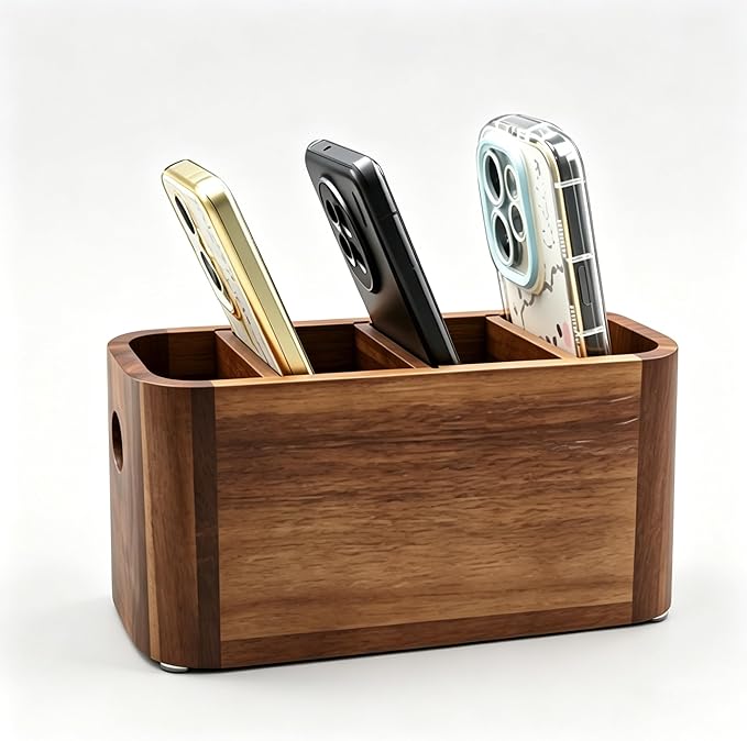 Acacia Wood Remote Control Holder, Walnut Color TV Remote Holder with 4 Adjustable Compartments, Wooden Remote Caddy Organizer for Table, Desk, Nightstand, Living Room, Office