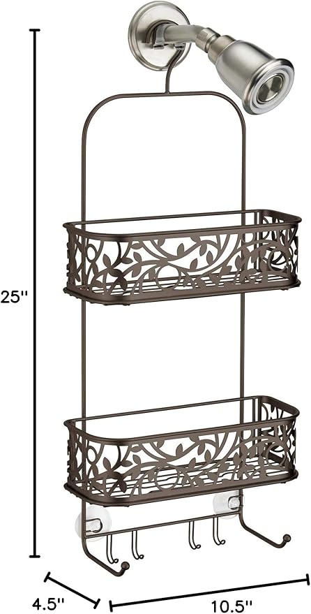 iDesign Vine Metal Wire Hanging Shower Caddy, Extra Wide Space for Shampoo, Conditioner, and Soap with Hooks for Razors, Towels, and More, 10.5" x 4.5" x 25"