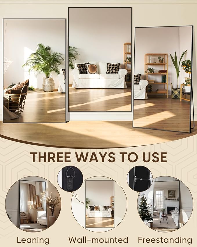 Antok Full Length Mirror, 72"x44" Floor Mirror, Floor Standing Freestanding Full Body Mirror with Stand for Bedroom, Hanging Mounted for Living Room Cloakroom, Black
