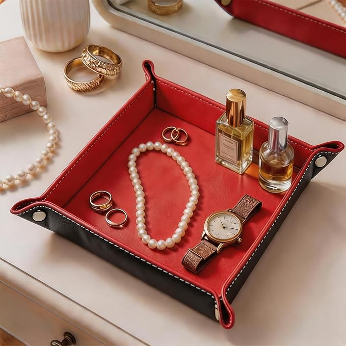 Valet Tray Desktop Storage Organizer – Vegan Leather Catchall Tray Bedside Vanity Tray Nightstand Caddy Holder for Remote Controller, Watch, Keys, Phone, Wallet, Coin, Jewelry, Red