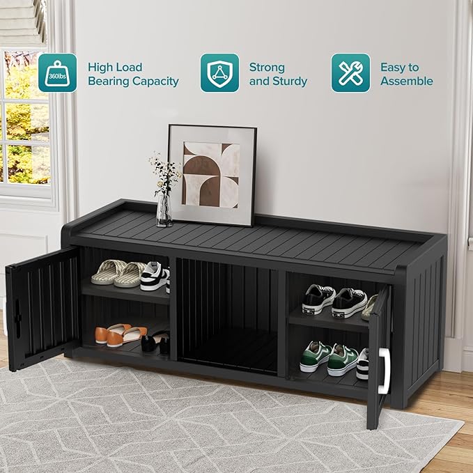 DRATO Entryway Shoe Cabinet with Bench, Waterproof Shoe Cabinet with 2 Doors and Adjustable Shelf, Resin Storage Bench for Bedroom Hallway Foyer (Black, 2 Doors)