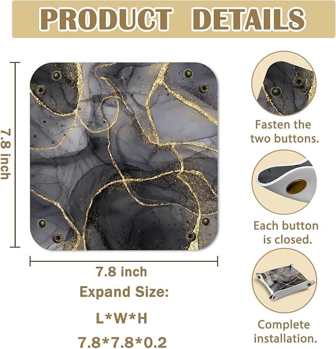 Marble Jewelry Valet Tray for Women Men, Black and Gold Marble PU Leather Catchall Beside Caddy Nightstand Organizer Tray for Jewelry Rings Watches Keys and Accessories, 7.87x7.87in