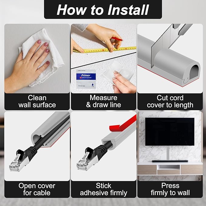 Wall Cord Hider, Flexible Self-Adhesive Wire Cover, Side-Open Cable Raceway for Cords on Wall, Cord Concealer for Mounted TV, Home Theater & Office (Gray, Regular-118inch)