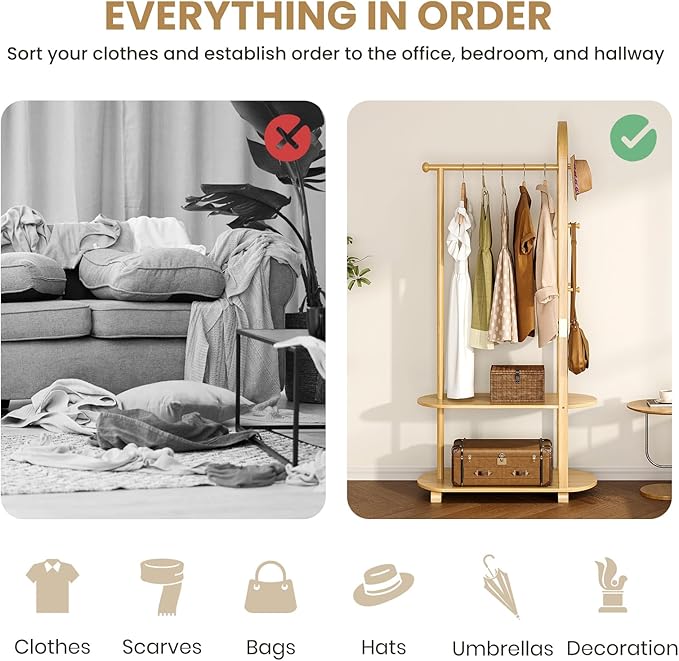 31.5" Wide 3-in-1 Freestanding Clothing Rack.Wooden Coat Rack with 2 Shelves and 6 Hooks,Solid Rubber Wood Coat Rack with Shelves for Entryway, Bedroom, Living Room, Natural