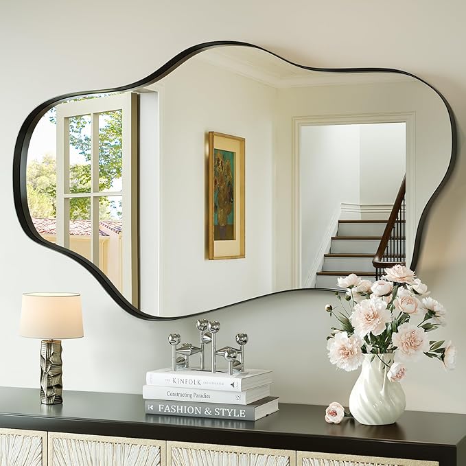 Black Irregular Wall Mirror, 24” x 40” Asymmetrical Wall Mirror with Metal Frame, Black Large Wavy Decorative Mirrors for Bathroom, Entryways, Living Room, Vanity