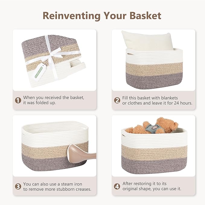 ECDYQXVU Cotton Rope Basket, Storage Baskets with Handle, 15x10x9 Inch Woven Basket for Shelves, Laundry, Towels, Clothes, Books (White/Beige 1Pack)