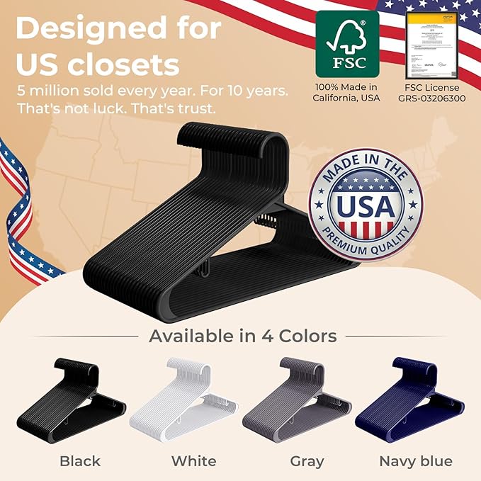 HOUSE DAY Black Plastic Hangers 50 Pack, Plastic Clothes Hangers with Built-in Hooks, Durable and Strong Plastic Coat Hangers for Closet, Space Saving Clothing Hanger for Shirts, Coats, Skirt, Dress