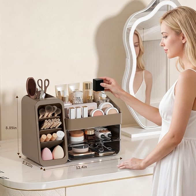 Makeup Organizer with Adjustable Brush Holder for Vanity, Large Skincare Organizer for Bathroom Countertop, Cosmetic Display Case with Drawers, Multi-Function Storage for Perfume, Lipstick, Palettes