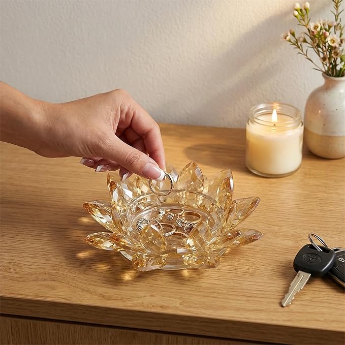 Crystal Flower Jewelry Tray, Luxury Transparent Decorative Trinket Dish for Rings, Earrings, Necklaces, Keys for Vanity Dresser Nightstand, Elegant Gift for Women Mother's Day (1, 6.3"(W)- Gold)