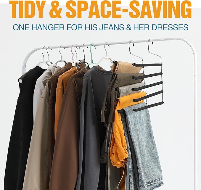 Multi Layer Space Saving Non Slip Tiered Foam Padded No Creases Pants Hangers 5 Tier Steel Open Ended Beige 5 Pack
