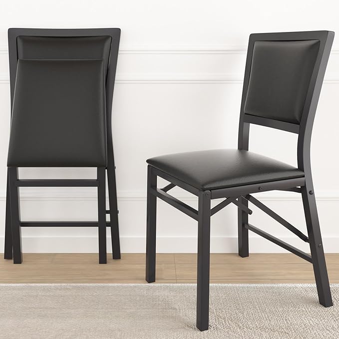 VECELO Folding Chairs Set of 2 with Cushion, Foldable Padded Seats with Heavy Duty Metal Frame for Kitchen/Dining/Living Room, No Assembly & Space Saving Design, Black