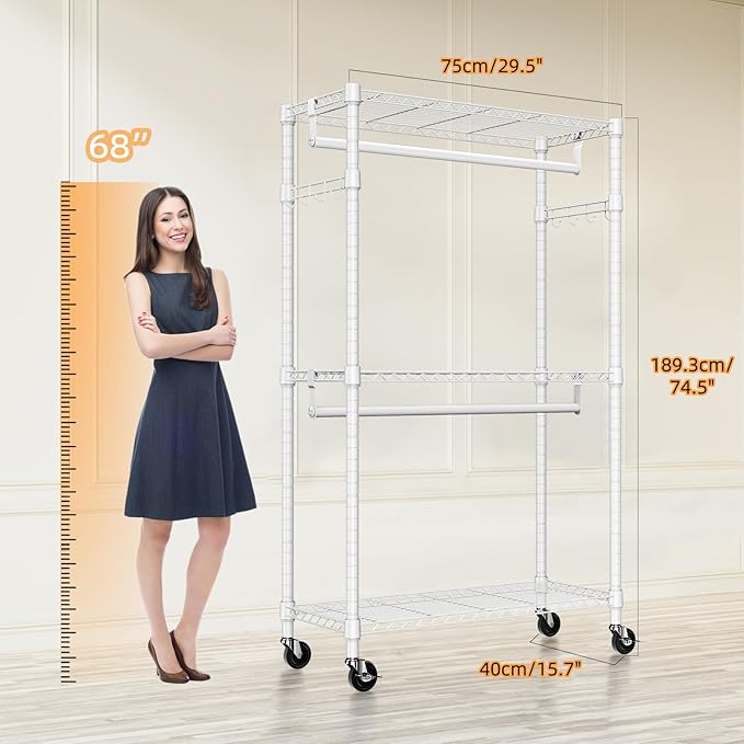 M MZG Heavy Duty Rolling Garment Rack 3 Tiers Adjustable Wire Shelving Clothes Rack with 2 Rods and Side Hooks,Storage Closet Clothing Rack with Wheels White 15.7" D x 29.5" W x 74.5" H