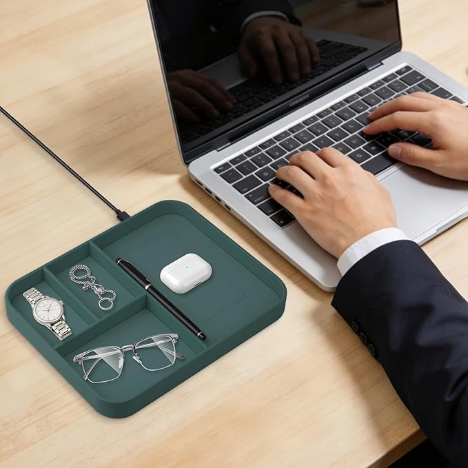 VOVIPO Faux Leather Valet Tray,with 2 in 1 Wireless Charging Compitable With iPhone/17/16/15/15 Plus/15 Pro/15 Pro Max/14/13/12/Wireless earphones,Office/Home Desk Organizers Tray-Mint
