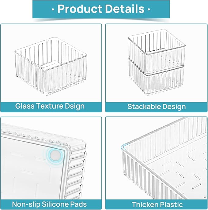 Vtopmart 7 PCS Clear Makeup Drawer Organizers Bins, 4-Size Stackable Makeup and Vanity Organizer Trays, Acrylic Bathroom Storage Containers for Cosmetic, Toiletries, Office Supply, Utensils, Gadgets