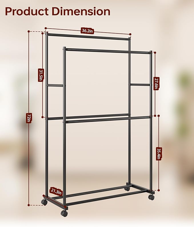 Clothes Rack - 36.2" x 21.3" x 72", 4-Bar Double Rod Rolling Metal Clothing Rack for Hanging Clothes, Portable Garment Rack with Wheels for Bedroom Laundry, Closet Wardrobe, Black