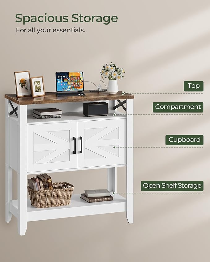 CHOEZON Console Table, Farmhouse Sofa Table with Power Outlet, Coffee Bar Cabinet with Storage, Entryway Table, Coffee Bar Table, for Entrance, Hallway, Kitchen, White and Walnut MXG01UWL