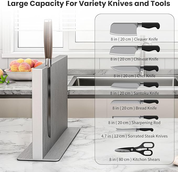 THMINS Magnetic Knife Block Stainless Steel Double-Sided Magnetic Knife Holder, Universal Multi-function Display Rack for Kitchen Counter