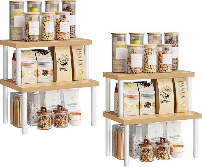 HOOBRO Cabinet Organizer Shelf, Set of 4, Kitchen Countertop Organizer, Kitchen Storage, Spice Rack for cabinet, Stackable, Expandable, for Countertop,kitchen,cabinet, White and Natural WN15TLP201