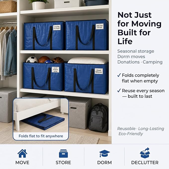 ClearSpace Heavy Duty Moving Bags - Water Resistant Storage Bags or Storage Bins with Lids and Moving Supplies - Large Moving Boxes for College Dorm, Travel, Closet Organization - 6 Pack