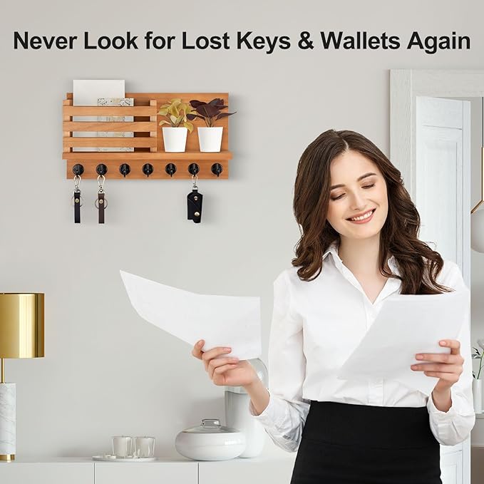 Lwenki Key Holder for Wall – Decorative Wooden Mail Holder and Key Shelf with Mounting Hardware, Installation Guide – Paulownia Wood with Metal Key Hooks (Light Brown, Extra Large - 15.6inch)