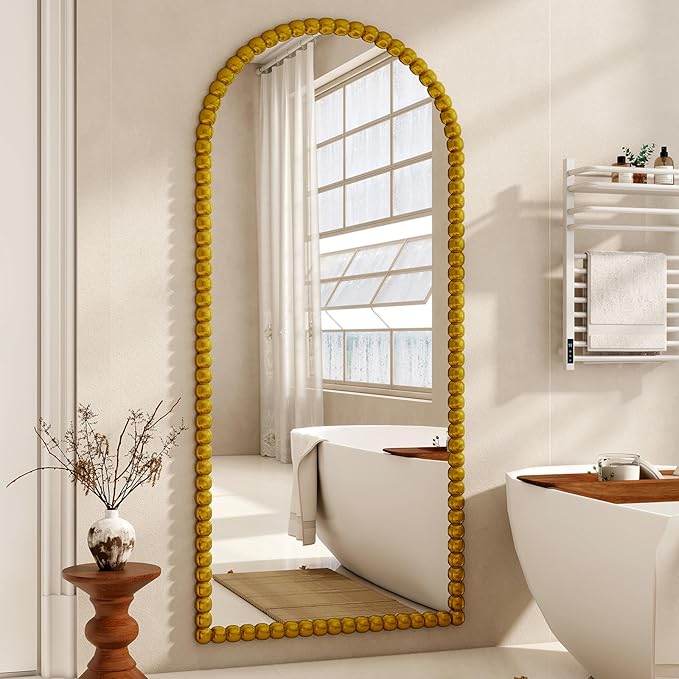 34"x76" Gold Arched Full Length Mirror, Vintage Beaded Decorative Floor Full Body Dressing Mirror as Room Decor Hanging Leaning Standing for Living Room, Bedroom, Vanity Area