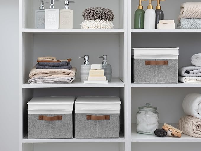 StorageWorks Fabric Storage Bins with Lids, Decorative Storage Bins with PU Handles, Foldable Storage Baskets for Closet, Shelves, Stackable and Sturdy Organization, Gray and White, Large, 3-Pack