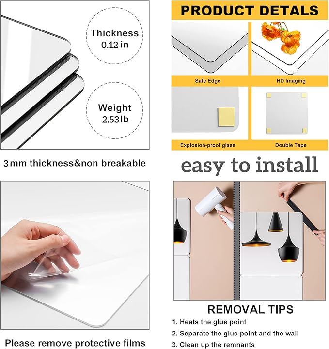 JEOYOO Full Length Mirror Unbreakable Gym Mirrors for Home Gym, 12"X12"X0.12", 4 Pcs, Plexiglass Locker Tiles, Body Workout Wall Mirror for Bedroom, Gift Idea, Over The Door Wall-Mounted Sticker