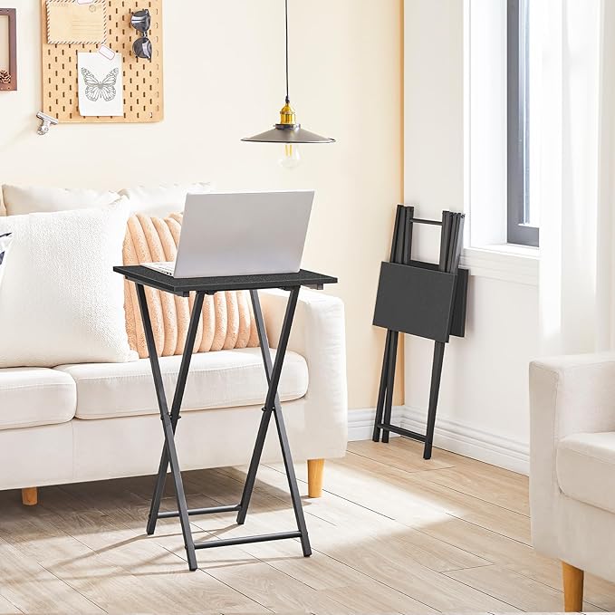 HOOBRO Folding TV Tray Table, Set of 2 Wooden TV Tray, Portable Sofa Side Snack Table, Industrial Desk for Small Spaces, Space-Saving, Easy to Install and Fold, Black BB27BZP201