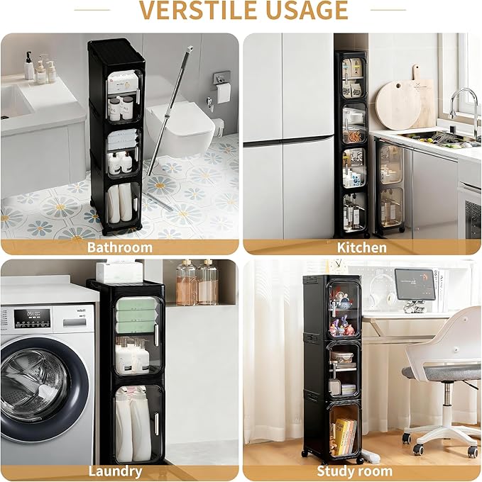5-Tier Tall Narrow Storage Cabinet, Slim Bathroom Storage Cabinet with Adjustable Shelves and Wheels, Narrow Organizer for Small Space, Bathroom, Kitchen, Laundry, Black
