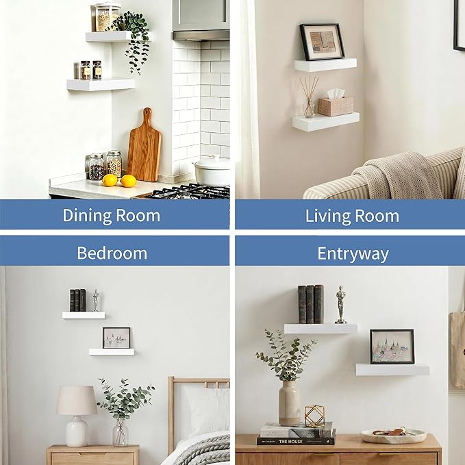 Floating Shelves for Wall White Shelves Bathroom, Bedroom and Living Room, Wall Shelves & Book Shelf, Hanging Shelf, Modern Wooden Wall-Mounted Small Floating Shelf, 12x7x1.5 in, Set of 2