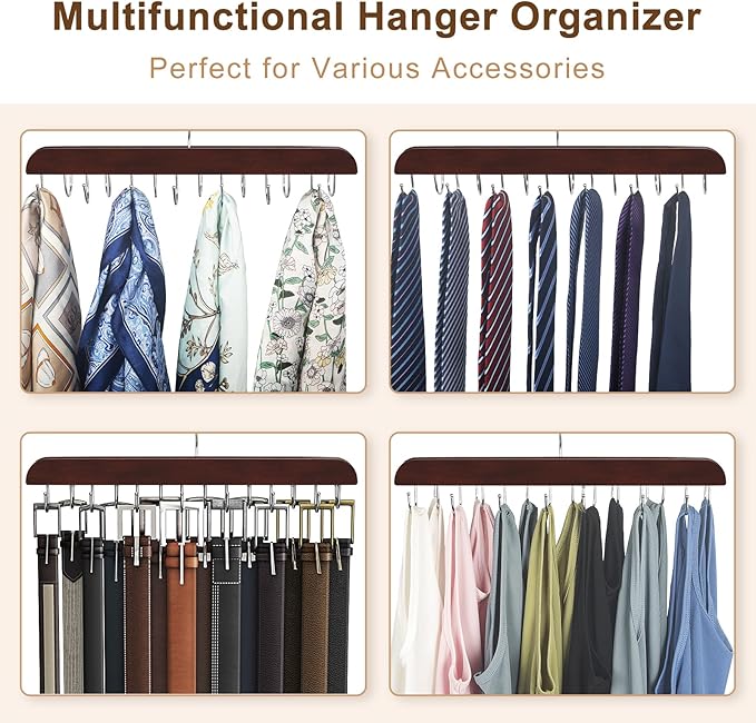 Belt Hanger for Closet Max 42 Belts, Sturdy Wood Belt Rack Closet Accessories with 14 Hooks Belt Organizer for Closet Organizers and Storage -Black 1 Pack