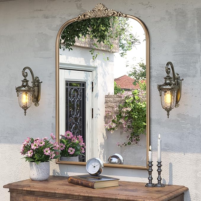 30" x 40" Antique Gold Arched Mirror for Wall, Vintage Brass Bathroom Tempered Mirror with Metal Frame, Bronze Ornate Gold Vanity Mirror for Entryway, Mantel, Powder Room
