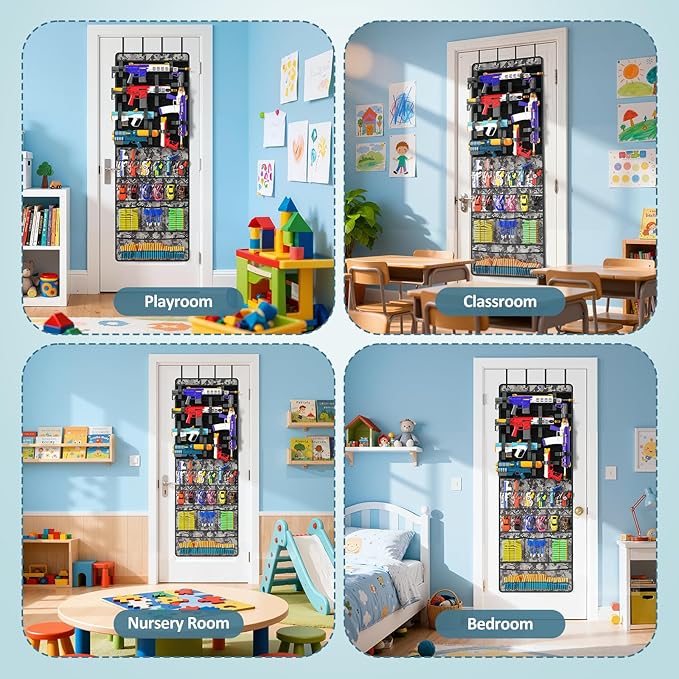Over The Door Organizer for Toy Guns, Toys Organizer with Pockets, Hook&Loop Straps for Foam Blasters, Darts, Goggles, Hanging Toys Gun Storage for Kid Rooms, Play rooms, Grey Camouflage