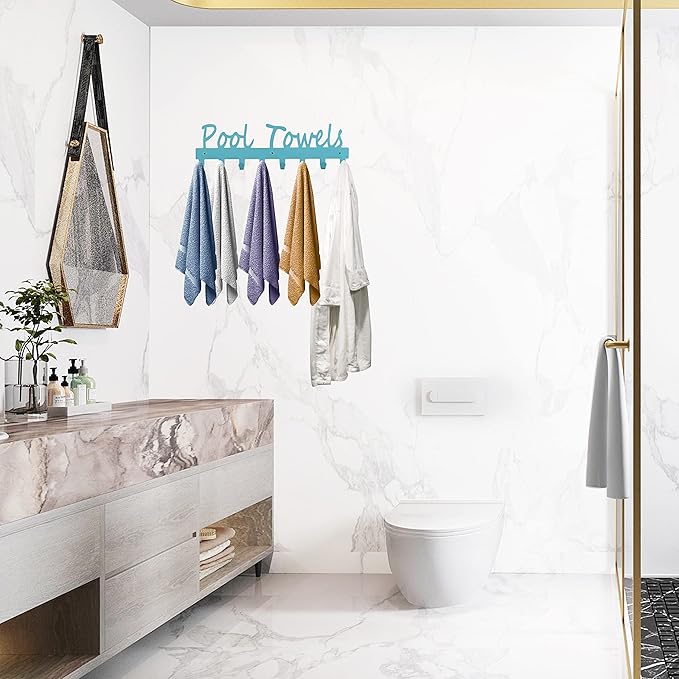 Pool Towel Rack for Bathroom Wall Mount Towel Hooks Towel Holder Carbon Steel Hanger Organizer Indoor Outdoor for Robe, Towel, Coat, Swimsuit, Umbrella, Bag, Keys(Blue)