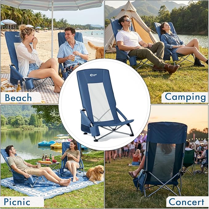 Portal High Back Beach Chair for Adults - Heavy Duty 350 lbs Folding Portable Sand Chair with Cup Holder & Side Pocket, Breathable Mesh Tall Camping Chair with Rotating Feet for Outdoor Travel Blue