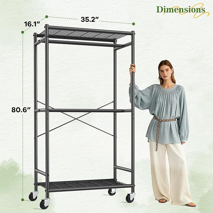Raybee Clothes Rack, Clothing Racks for Hanging Clothes, Rolling Clothes Rack with Adjustable Rod, Double-tier Garment Rack with Wheels, Metal Portable Closet for Bedroom, Laundry, Black
