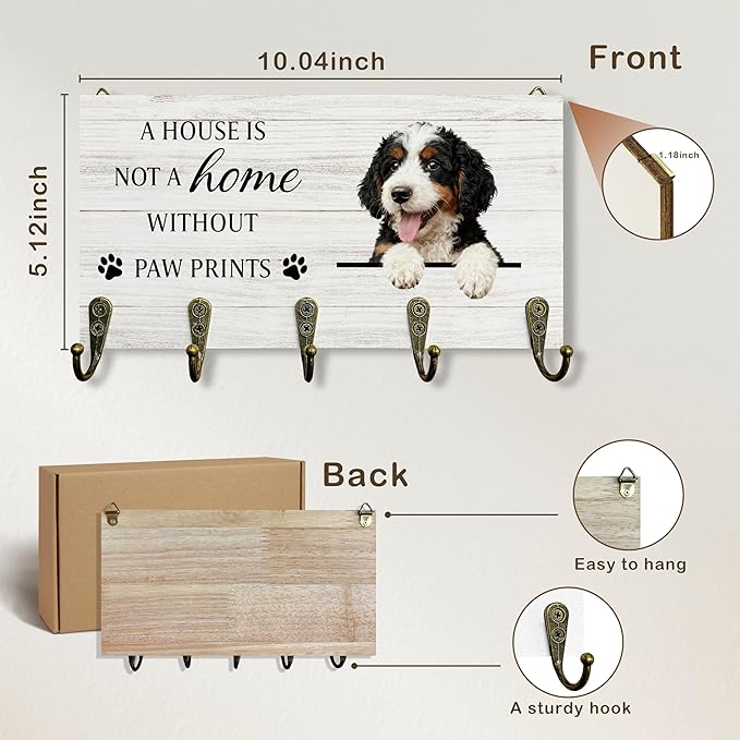 Bernedoodle Gifts Dog Key Holder for Wall 10"x5.12", Gifts for Bernedoodle Lovers Owners Key Hanger Wall Mount, Not A Home Without Paw Prints Dog Wooden Hanging Keys Holder Decor for Entryway