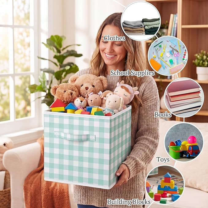 Yalikop 6 Pcs Green Checkered Cube Storage Bins, 11 Inch Fabric Gingham Classroom Storage Bins Organizer with Handle Preppy Collapsible Cubby Basket for Classroom Home Nursery Playroom Bedroom