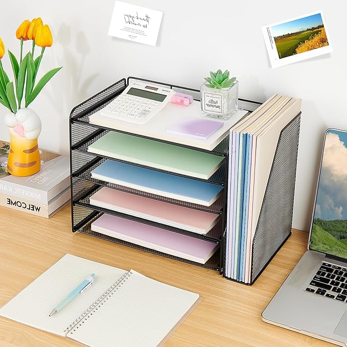 OPNICE Desk Organizers and Accessories, 5-Tier Paper Organizer Letter Tray with Magazine Holder, Office Desk Accessories & Workspace Organizers, Desktop File Organizer for Office Supplies, Black