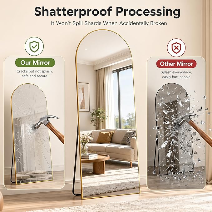Full Length Mirror, 58"x21" Arched Floor Mirror Freestanding, Floor Standing Full Body Mirror with Stand for Bedroom, Hanging Mounted for Living Room Cloakroom, Gold