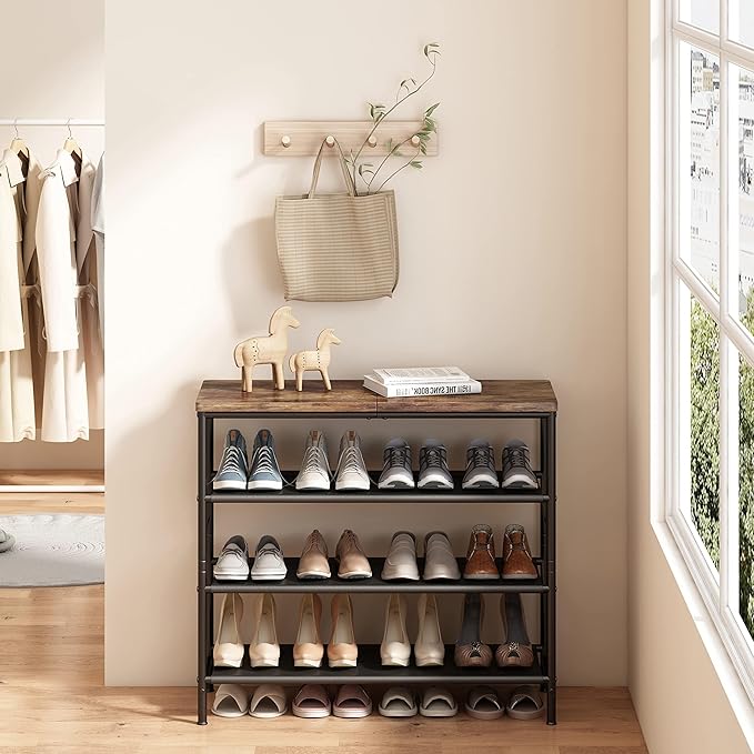 INGIORDAR Shoe Rack Organizer 4 Tier Metal Organizer Shelf with Industrial MDF Board and Layer Fabric for Entryway Closet Bedroom Living Room Garage,Black & Rustic Brown (Black+Rustic Brown, 4 Tier)